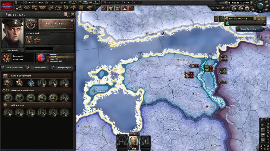 Hearts of Iron 4 No Step Back DLC review - HoI4 No Step Back screenshot showing a snowy portion of the in-game map