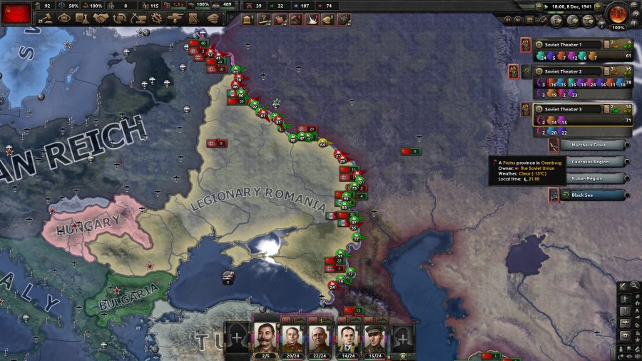 Hearts of Iron 4 No Step Back DLC review - HoI4 No Step Back screenshot showing a warfront between Legionary Romania and the Soviet Union