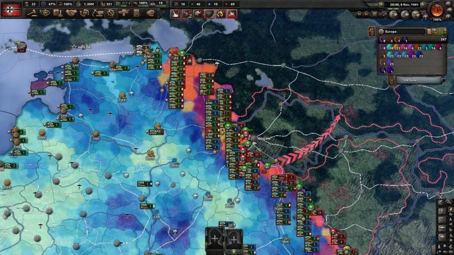 Hearts of Iron 4 No Step Back DLC review - HoI4 No Step Back screenshot showing the German supply heatmap for the entire Eastern Front