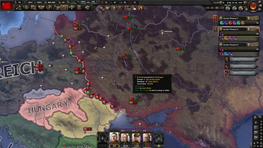 Hearts of Iron 4 No Step Back DLC review - HoI4 No Step Back screenshot showing the eastern Front and Soviet Union territory