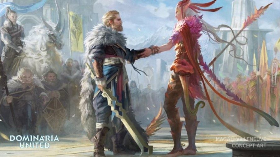 Magic: The Gathering Dominaria United release date two characters, faction leaders in very different fantasy outfits, shaking hands.