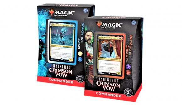 Magic: The Gathering Innistrad Crimson Vow Commander Decks - Wizards official photo showing pack art for the Commander Decks Vampiric Bloodline and Spirit Squadron