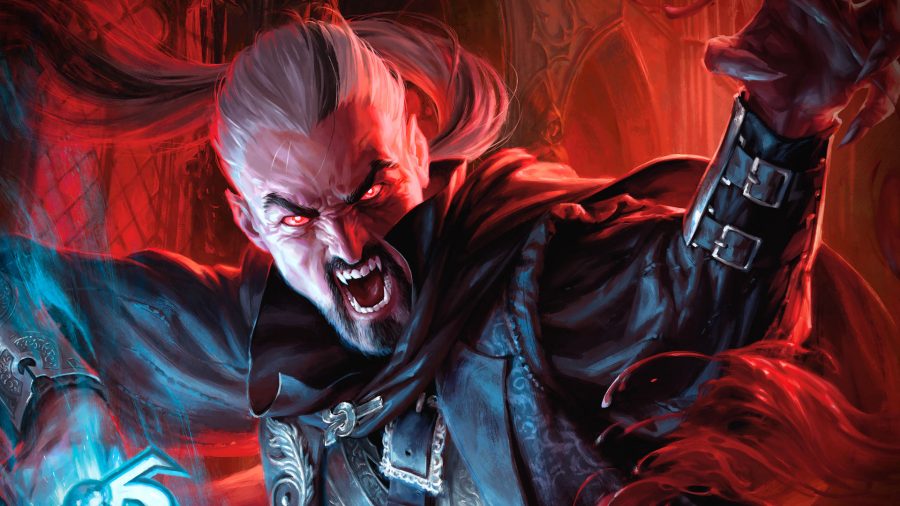 Magic: The Gathering Innistrad: Double Feature a vampire bearing his teeth and holding a glowing sword