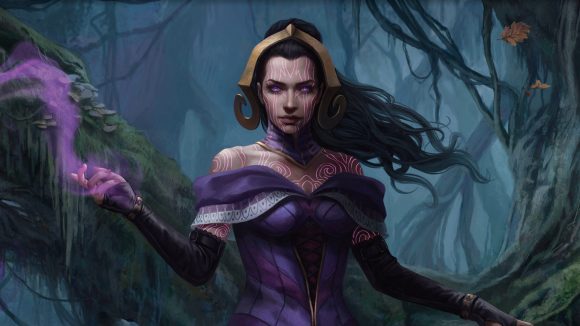 Magic: The Gathering Wizards of the Coast Liliana Vess walking through a dark forest