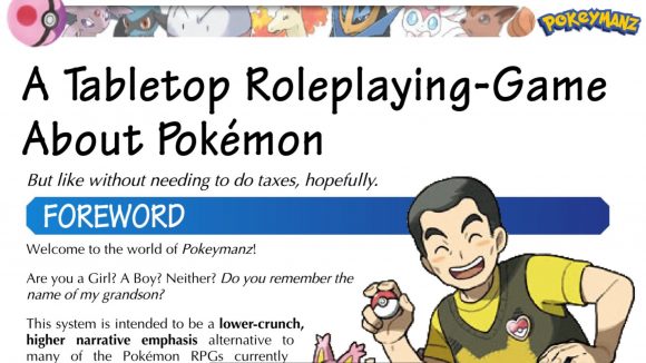 Pokémon tabletop RPG reveal - rulebook graphic for sideline commentary, showing an adult holding a pokeball