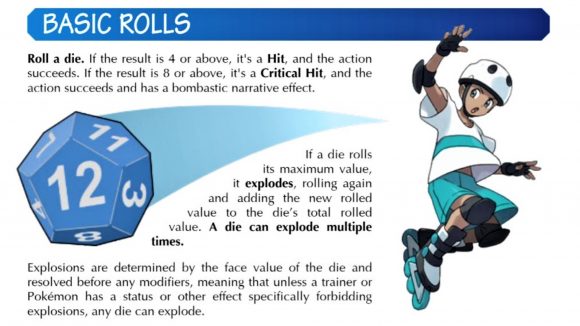 Pokémon tabletop RPG reveal - rulebook graphic for how to do basic rolls, showing a Pokémon cartoon roller skater