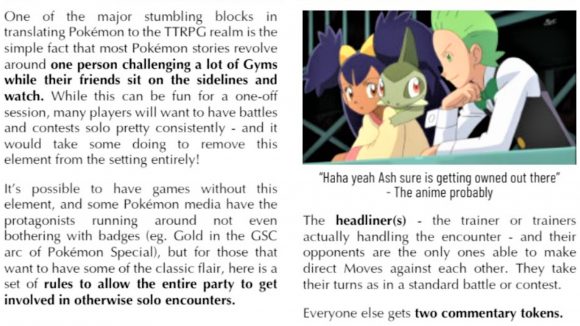 Pokémon tabletop RPG reveal - rulebook graphic for sideline commentary, showing spectators at a pokemon battle