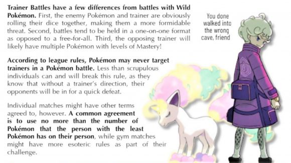 Pokémon tabletop RPG reveal - rulebook graphic for trainer battles, showing a trainer with a unicorn pokemon