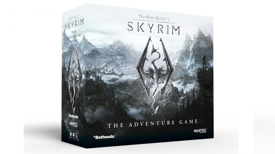 Skyrim board game box showing the game's logo against snowy mountains