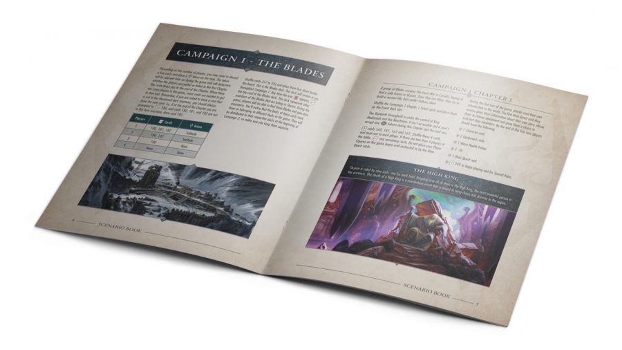 Skyrim board game rulebook showing the starting conditions of the first campaign
