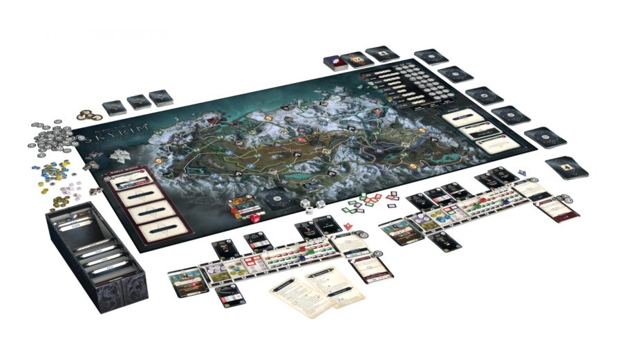 Skyrim board game cards, player boards and miniatures set up mid-game