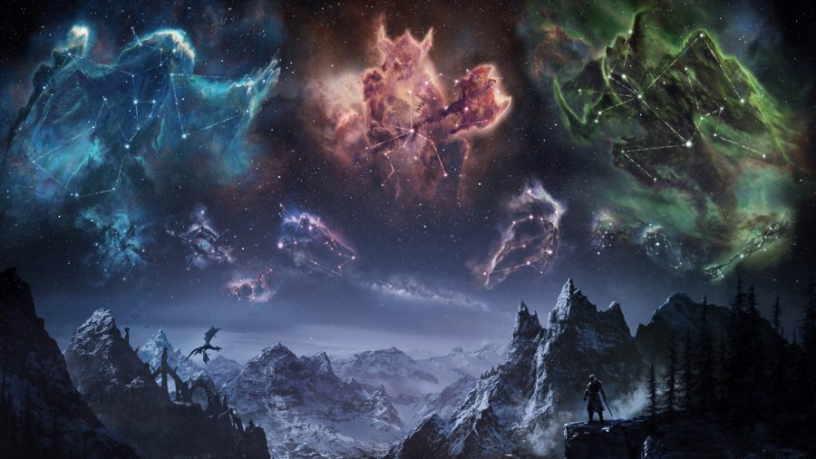 Skyrim board game artwork showing the Dragonborn below several star signs