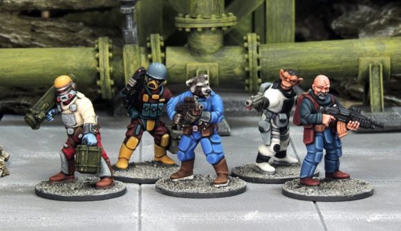Stargrave The Last Prospector wargame miniatures of several sci-fi races holding weapons and wearing armour