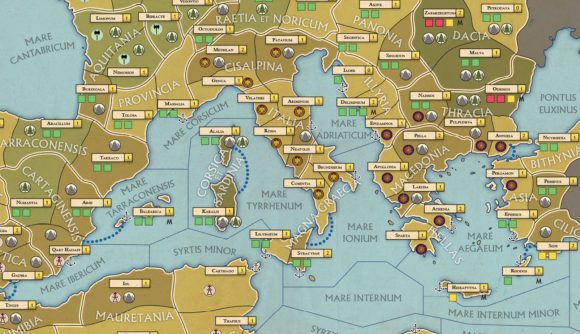 Rome: Total War board game map of the regions of Italy, Greece, and Carthage