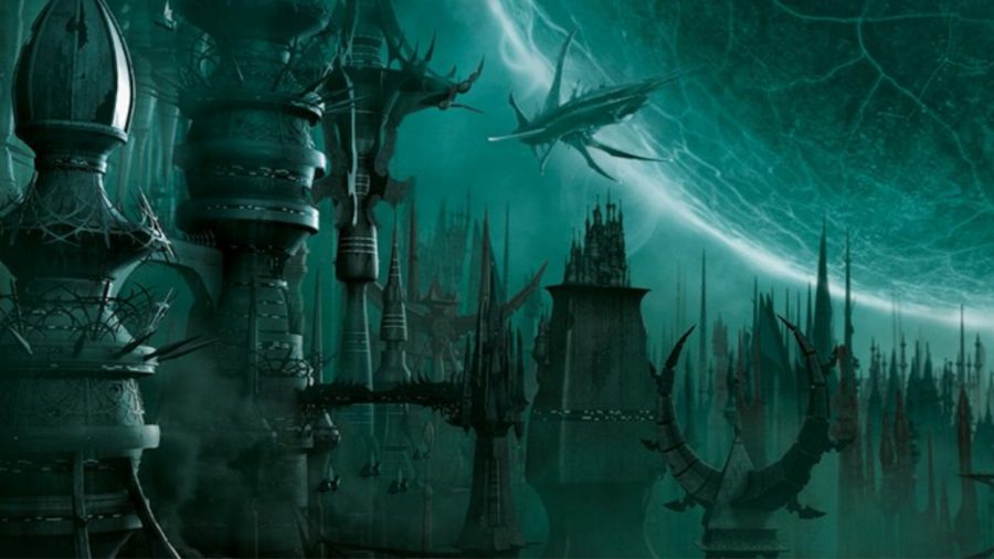 Warhammer 40k Drukhari army guide - Warhammer Community artwork showing the dark city of Commorragh