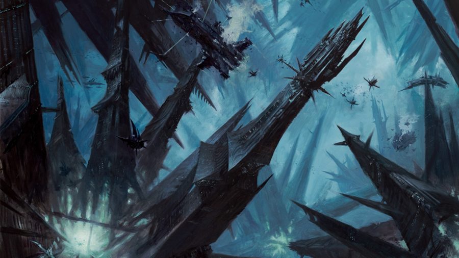 Warhammer 40k Drukhari army guide - Warhammer Community artwork showing the fractal spires in Commorragh