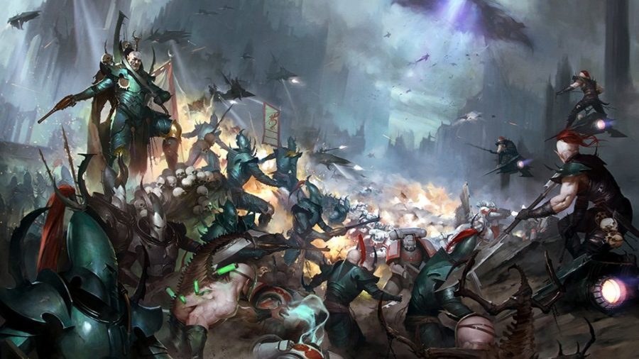 Warhammer 40k Drukhari army guide - Warhammer Community artwork showing a large Drukhari army fighting White Scars Space Marines