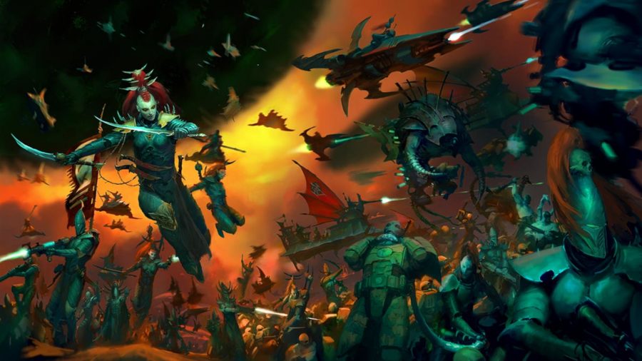 Warhammer 40k Drukhari army guide - Warhammer Community artwork showing a fast moving Drukhari force fighting T'au