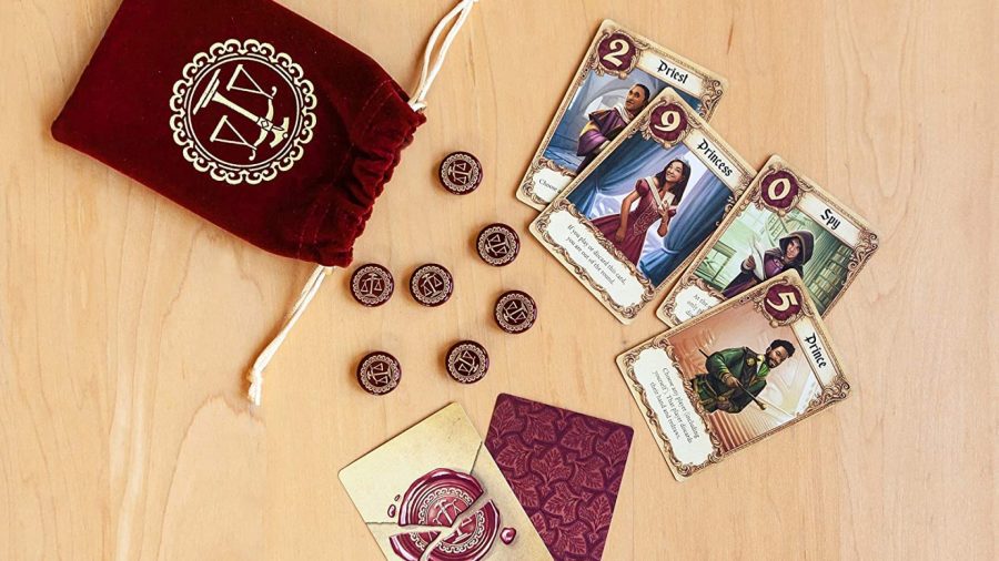 Best card games for adults - sales photo showing the cards, tokens, and bag for Love Letter card game