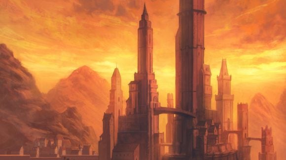 D&D Neverwinter a tall castle against the backdrop of a red, hazy sky