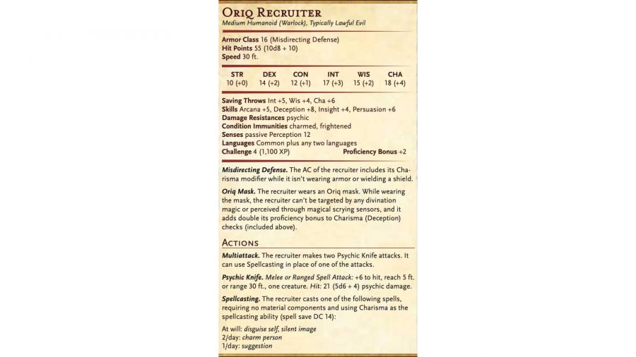 D&D Strixhaven: A Curriculum of Chaos monster revealed Oriq Recruiter - Wizards image showing the stat block for the Oriq Recruiter monster