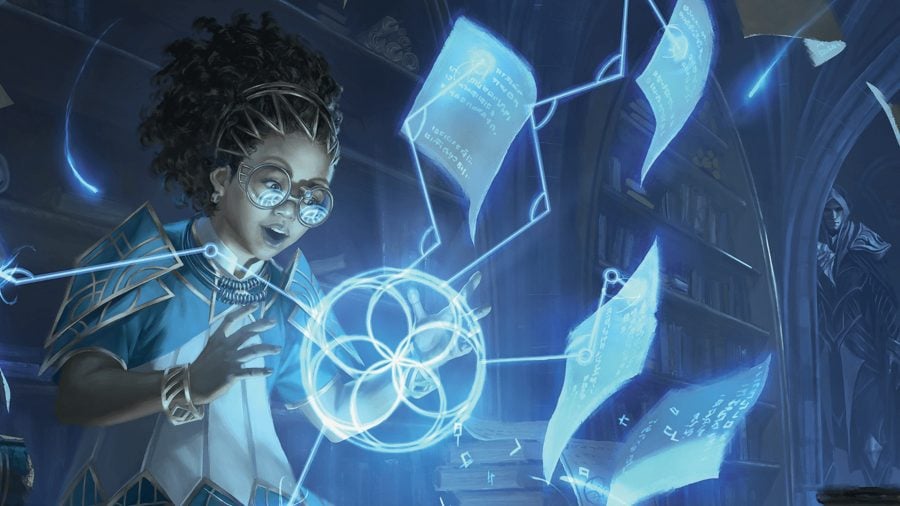 D&D 5E Strixhaven character creation guide - Wizards of the Coast artwork showing a Quandrix student doing math magic