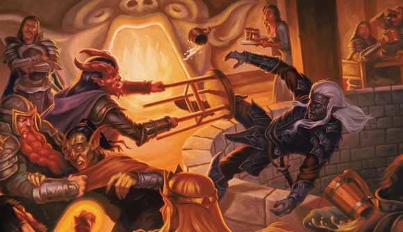 D&D Wizards errata removes race alignment and lore - Wizards of the Coast artwork showing characters of different races in a bar fight