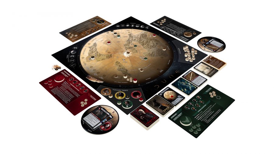 Dune: A Game of Conquest and Diplomacy board game overview - Gale Force Nine photo showing the game's board and components set up on a white background
