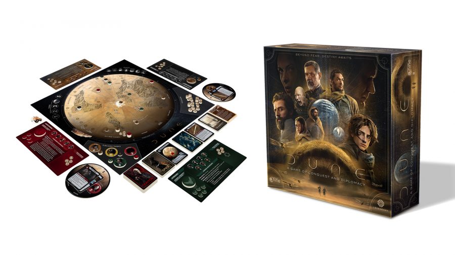 Dune: A Game of Conquest and Diplomacy board game overview - Gale Force Nine photo showing the game's board and components set up with the external box art shown