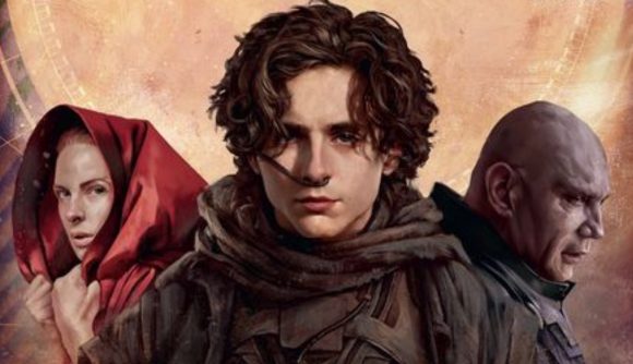 Official artwork from the box of Dune: House Secrets. It shows three of the main characters with Paul in the centre.