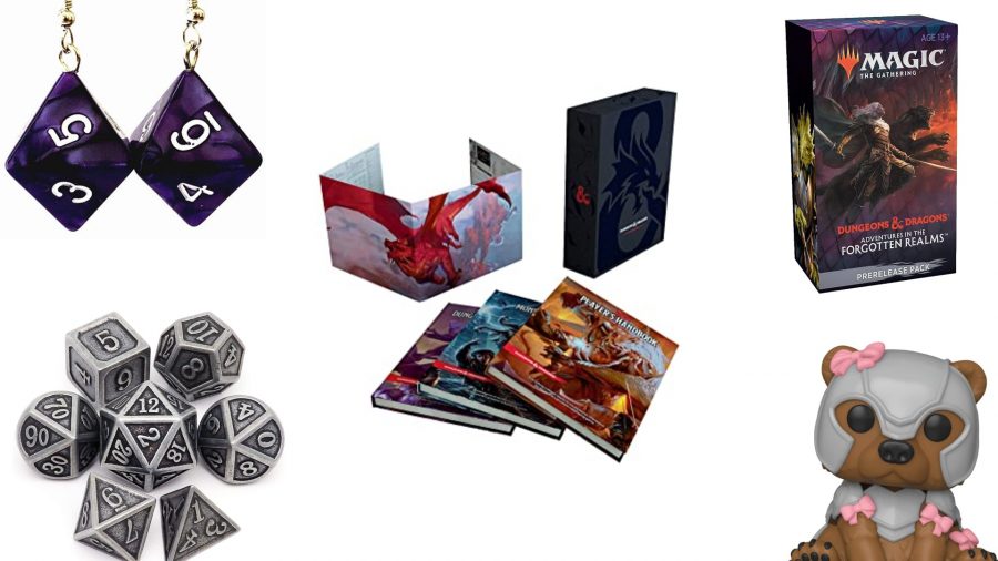 A selection of the best Dungeons and Dragons gifts. It includes earrings, a dice set, a Funko Pop figure, the Magic The Gathering tie-in cards and the core rulebooks.