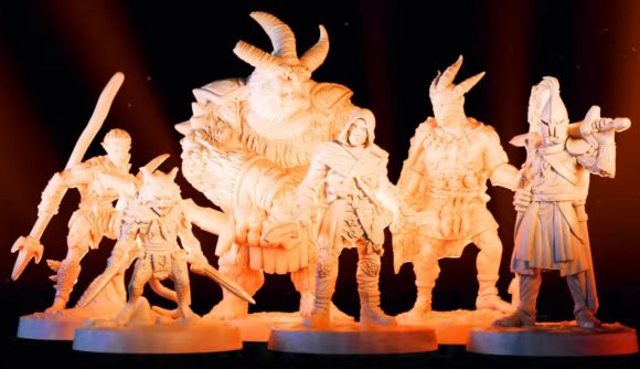 Gloomhaven miniatures in a line