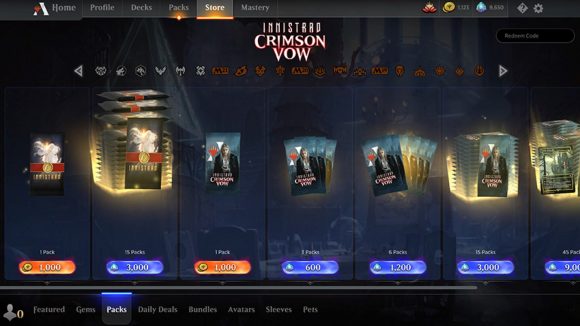 Magic: The Gathering Arena Alchemy: Innistrad cards - Wizards screenshot showing the booster pack store in MTG Arena