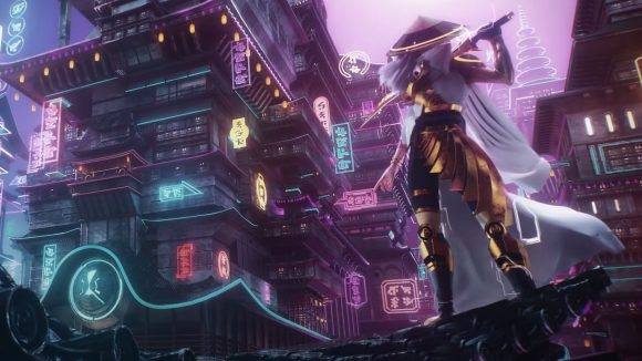Magic: The Gathering Kamigawa: Neon Dynasty The Wanderer standing on the rooftop of a cyberpunk city