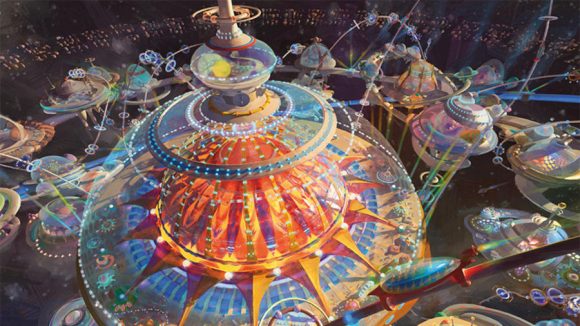 Magic: The Gathering Unfinity acorn cards a large carnival tent in a dome floating in space