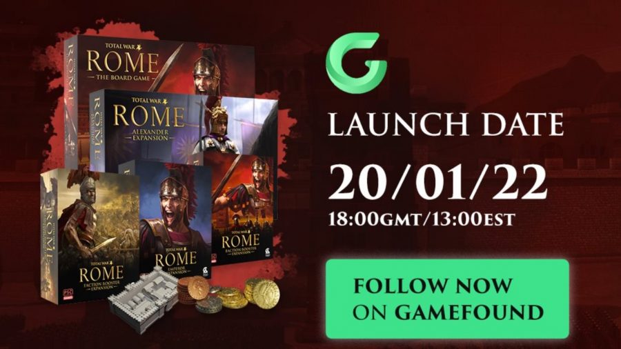 Rome Total War board game release date - Gamefound graphic showing the box art for the launch edition of the game and expansions