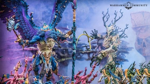 Warhammer Age of Sigmar battlescroll miniatures of the Sylvaneth and the Cultists of Tzeentch battling on a tabletop