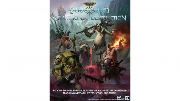 Warhammer Age of Sigmar: Soulbound Champions of Destruction orruks, grots, troggoths and more standing in desolate landscape