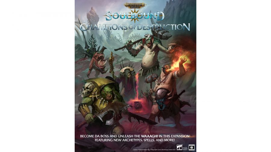 Warhammer Age of Sigmar Soulbound Champions of Destruction expansion details - official Cubicle 7 artwork showing the cover art from the Champions of Destruction expansion book