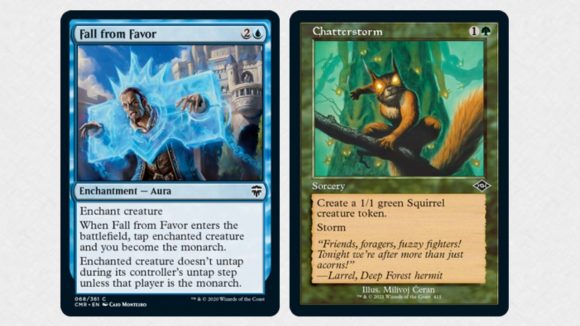 Magic: The Gathering pauper format panel reveal - MTG card art for banned pauper cards Chatterstorm and Fall from Favor