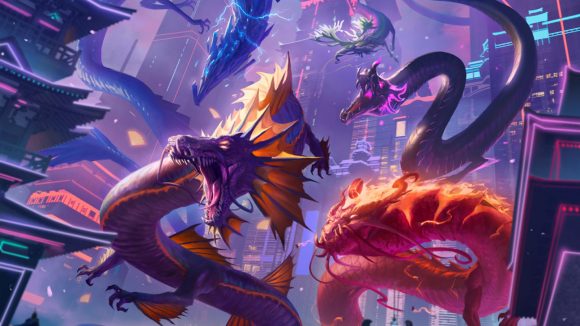 Magic: The Gathering pauper format panel reveal - MTG promotional artwork for Kamigawa Neon Dynasty showing dragons and buildings