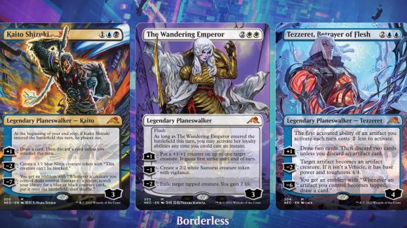 Magic the Gathering: Kamigawa Cards art of three planeswalkers in japanese style produced in partnership with Kogado Studios