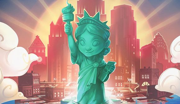 A cartoony version of the Statue of Liberty taken from the box of Santorini: New York.