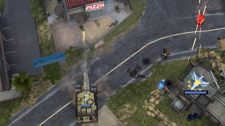 Siege Apocalypse mobile game getting started - Kixeye screenshot showing a tank unit firing a cannon at a pizza restaurant