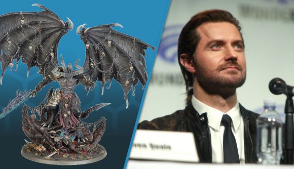 Total War Warhammer 3 Be'Lakor Richard Armitage - split image showing the Games workshop Age of Sigmar miniature of Be'Lakor from 2021, and a press image of Richard Armitage (Creative Commons/Gage Skidmore)