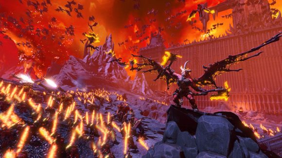 Total War Warhammer 3 Belakor Richard Armitage - Creative Assembly screenshot showing a Bloodthirster leading hundreds of Khorne daemons
