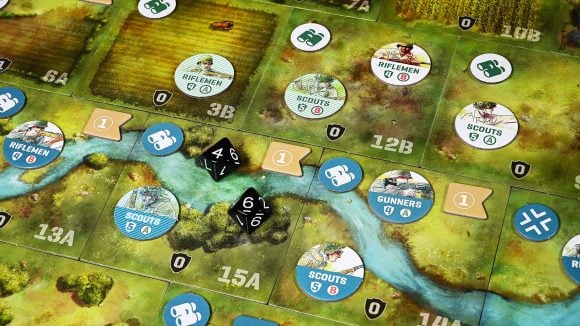 Undaunted Stalingrad release date -Osprey Games photo showing tiles, tokens, and dice from the game Undaunted: Reinforcements