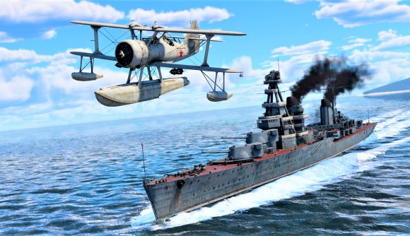 War Thunder new player offer 2022 - screenshot showing a warship and biplane