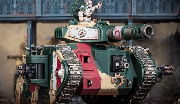 Warhammer 40k Genestealer Cults Brood Brothers rules update - Warhammer Community photo showing a Cult Leman Russ tank with a Genestealer Cults brood brother tank commander