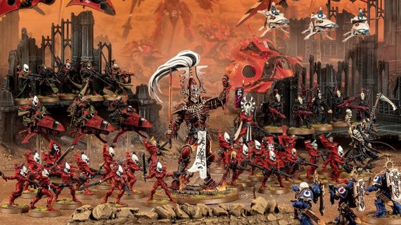 Warhammer 40k Shining Spears and Maugan Ra revealed - Warhammer Community photo showing the full range of new Eldar models